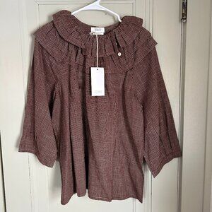 Toast UK Ruffled Collar Slubby Check Shirt in Brown Ochre – NWT – Size L